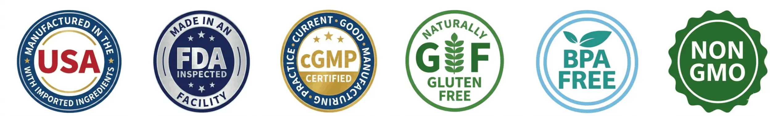 VivaSlim USA made, FDA inspected, GMP, gluten free, BPA free, non-GMO badges